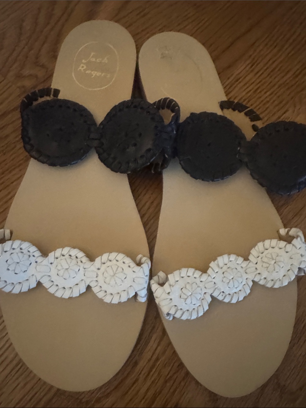 Jack Rogers Two-Tone Circle-Embellished Slide Sandals in White & Black